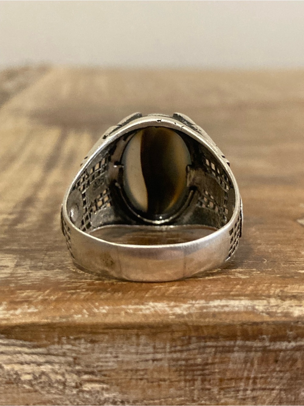 Sterling Silver Men's Statement Ring w/ Brown & Gray Cabochon Stone Dragon Claw - Picture 4 of 15